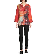 Calessa Petite Size Autumn Patchwork Split V-Neck 3/4 Sleeve Tunic