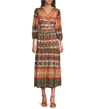 Calessa Petite Size Border Abstract Print V-Neck Long Sleeve Tiered Midi Dress