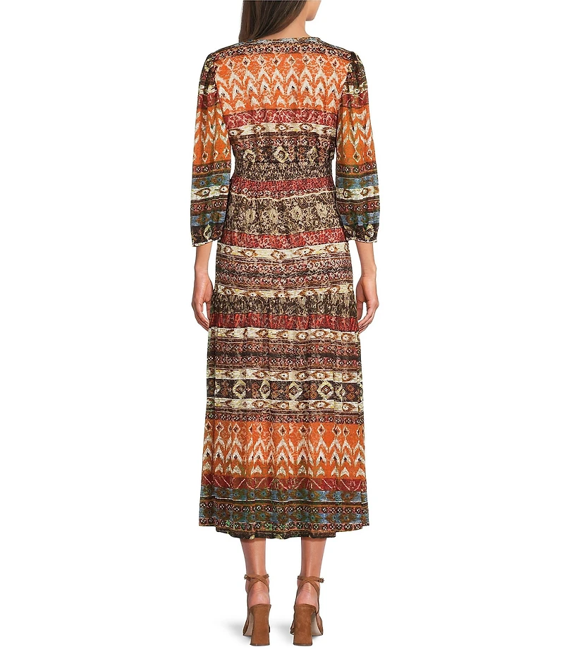 Calessa Petite Size Border Abstract Print V-Neck Long Sleeve Tiered Midi Dress