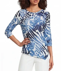 Calessa Petite Size Burnout Dip Dyed Crew Neck 3/4 Sleeve Asymmetric Tunic
