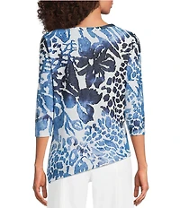 Calessa Petite Size Burnout Dip Dyed Crew Neck 3/4 Sleeve Asymmetric Tunic