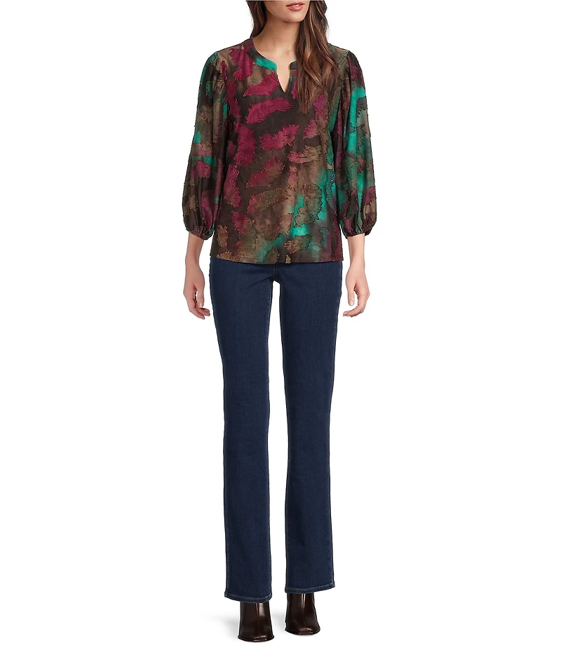 Calessa Petite Size Burnout Knit Tie-Dye Band Collar 3/4 Balloon Sleeve Shirttail Hem Tunic