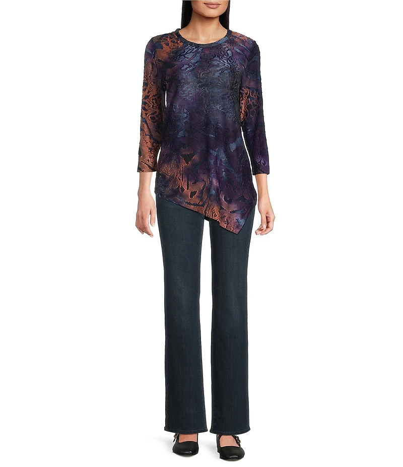 Calessa Petite Size Burnout Knit Tie-Dye Crew Neck 3/4 Sleeve Asymmetric Hem Tunic