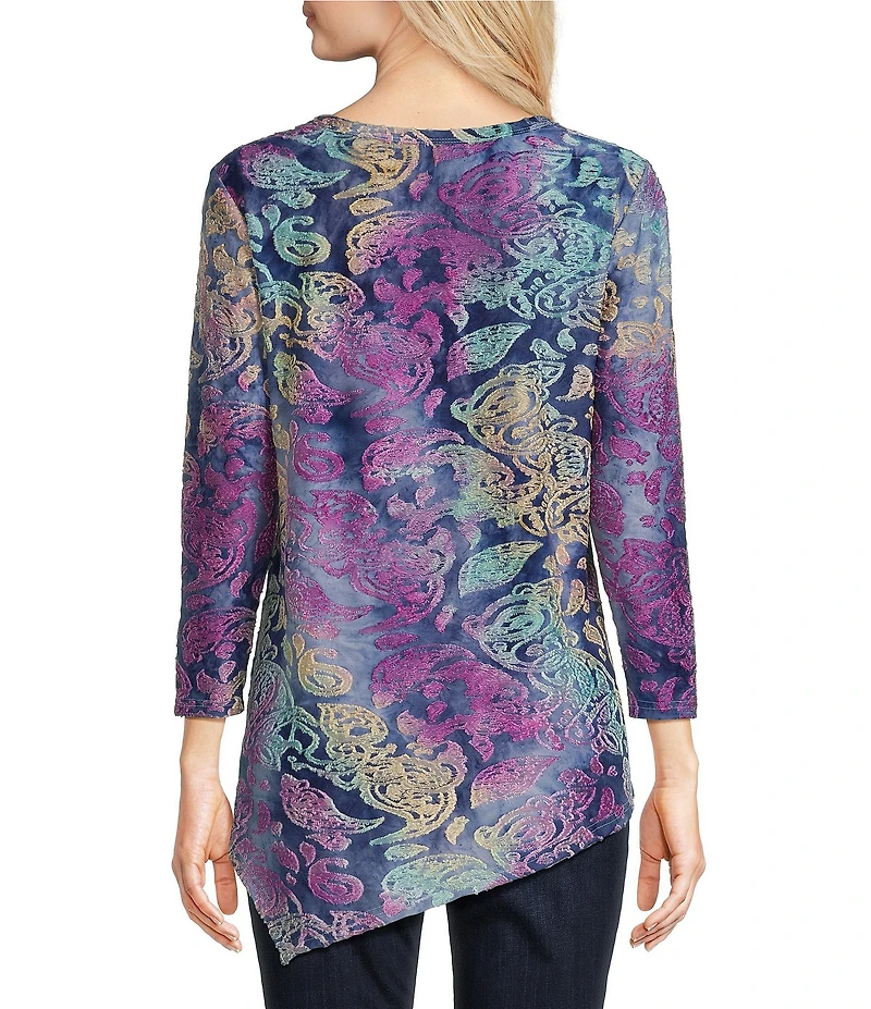 Calessa Petite Size Burnout Knit Tie-Dye Crew Neck 3/4 Sleeve Asymmetrical Hem Tunic