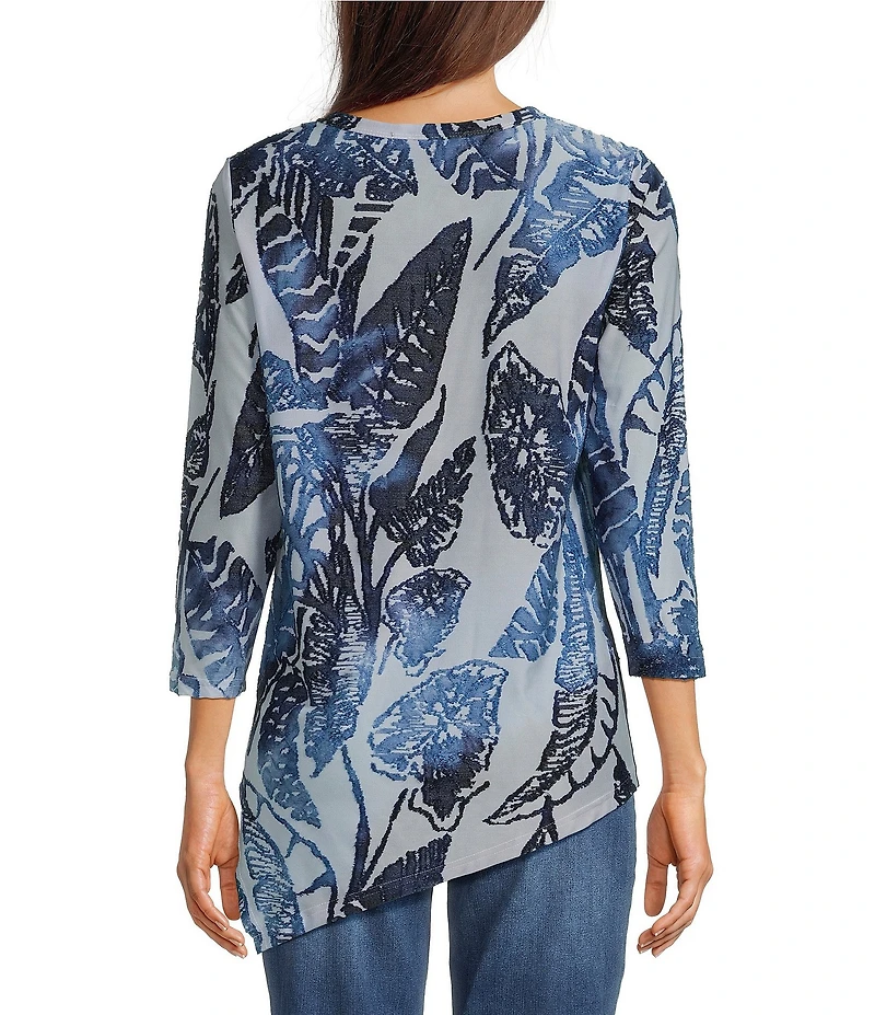 Calessa Petite Size Burnout Knit Tie-Dye Crew Neck 3/4 Sleeve Asymmetrical Hem Tunic