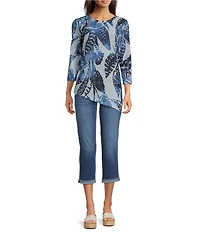 Calessa Petite Size Burnout Knit Tie-Dye Crew Neck 3/4 Sleeve Asymmetrical Hem Tunic