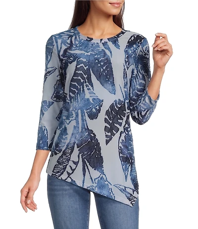 Calessa Petite Size Burnout Knit Tie-Dye Crew Neck 3/4 Sleeve Asymmetrical Hem Tunic