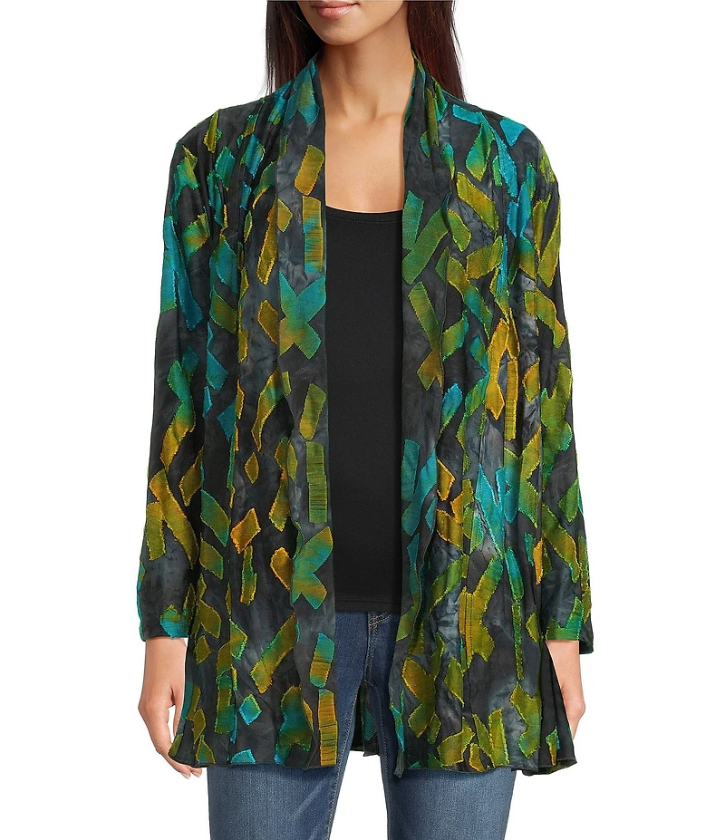 Calessa Petite Size Burnout Knit Tie-Dye Long Sleeve Open-Front Cardigan