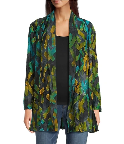 Calessa Petite Size Burnout Knit Tie-Dye Long Sleeve Open-Front Cardigan