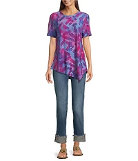 Calessa Petite Size Burnout Knit Tie-Dye Round Neck Short Sleeve Asymmetric Hem Tunic