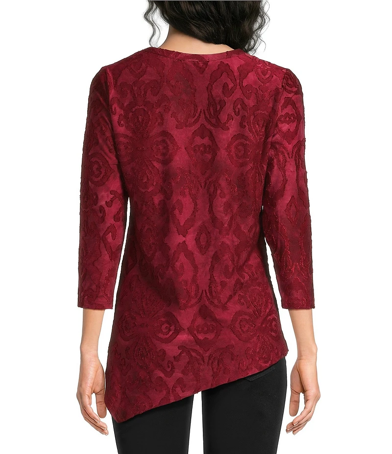 Calessa Petite Size Burnout Print Scoop Neck 3/4 Sleeve Asymmetric Hem Top