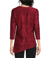 Calessa Petite Size Burnout Print Scoop Neck 3/4 Sleeve Asymmetric Hem Top