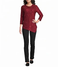 Calessa Petite Size Burnout Print Scoop Neck 3/4 Sleeve Asymmetric Hem Top