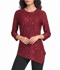 Calessa Petite Size Burnout Print Scoop Neck 3/4 Sleeve Asymmetric Hem Top
