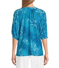 Calessa Petite Size Burnout Tie-Dye Banded Split Neck Elbow Length Balloon Sleeve Top