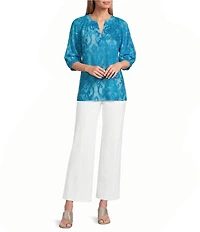 Calessa Petite Size Burnout Tie-Dye Banded Split Neck Elbow Length Balloon Sleeve Top