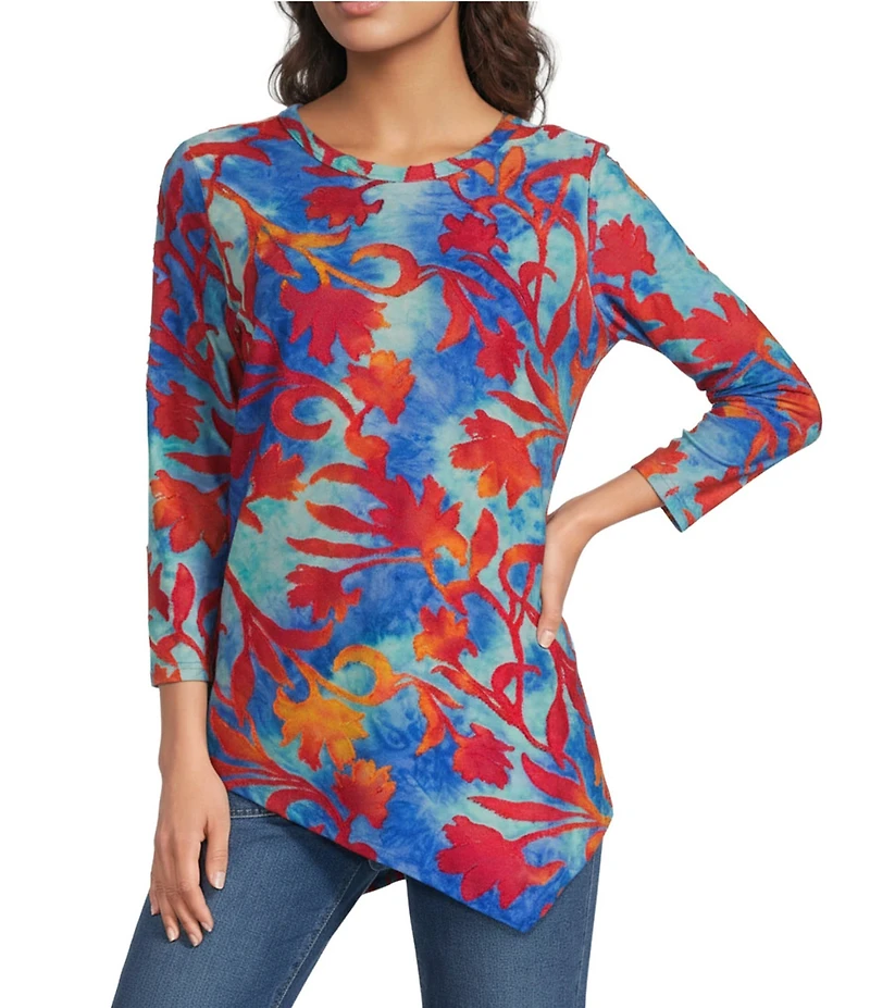 Calessa Petite SIze Burnout Tie-Dye Crew Neck 3/4 Sleeve Asymmetric Hem Tunic