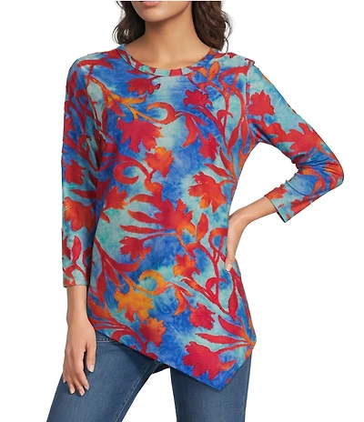 Calessa Petite SIze Burnout Tie-Dye Crew Neck 3/4 Sleeve Asymmetric Hem Tunic