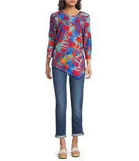 Calessa Petite SIze Burnout Tie-Dye Crew Neck 3/4 Sleeve Asymmetric Hem Tunic