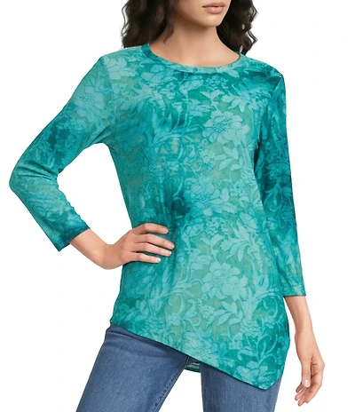 Calessa Petite Size Burnout Tie-Dye Crew Neck 3/4 Sleeve Asymmetric Hem Tunic
