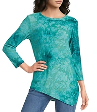 Calessa Petite Size Burnout Tie-Dye Crew Neck 3/4 Sleeve Asymmetric Hem Tunic