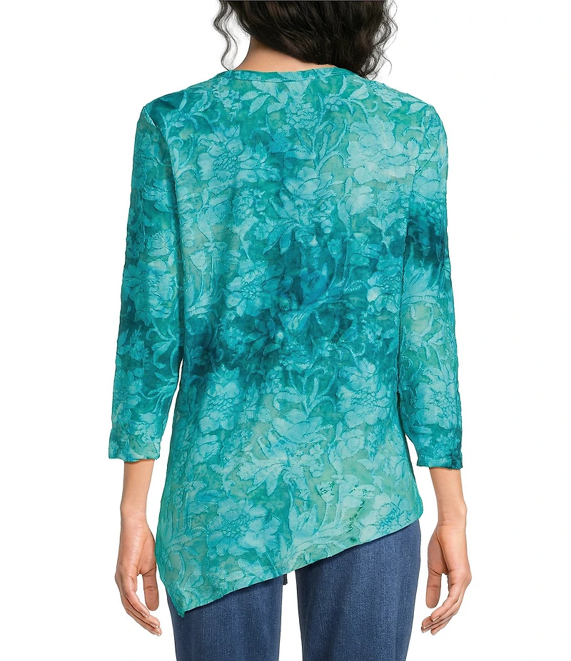 Calessa Petite Size Burnout Tie-Dye Crew Neck 3/4 Sleeve Asymmetric Hem Tunic