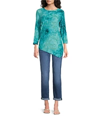 Calessa Petite Size Burnout Tie-Dye Crew Neck 3/4 Sleeve Asymmetric Hem Tunic