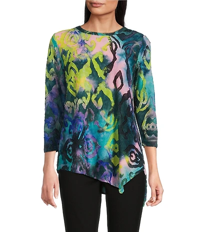 Calessa Petite Size Burnout Tie-Dye Crew Neck 3/4 Sleeve Asymmetric Hem Tunic
