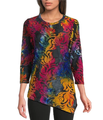 Calessa Petite Size Burnout Tie-Dye Print Crew Neck 3/4 Sleeve Asymmetric Hem Tunic