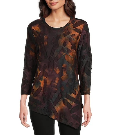 Calessa Petite Size Burnout Tie-Dye Crew Neck 3/4 Sleeve Asymmetric Tunic