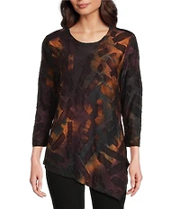 Calessa Petite Size Burnout Tie-Dye Crew Neck 3/4 Sleeve Asymmetric Tunic