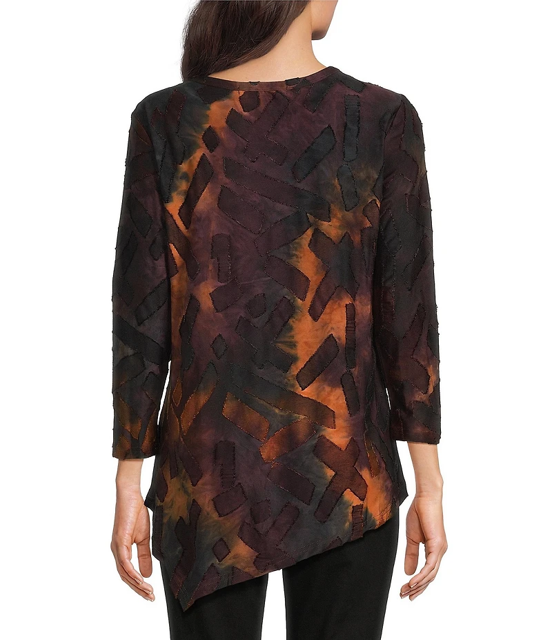 Calessa Petite Size Burnout Tie-Dye Crew Neck 3/4 Sleeve Asymmetric Tunic