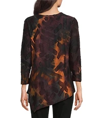 Calessa Petite Size Burnout Tie-Dye Crew Neck 3/4 Sleeve Asymmetric Tunic