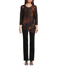 Calessa Petite Size Burnout Tie-Dye Crew Neck 3/4 Sleeve Asymmetric Tunic