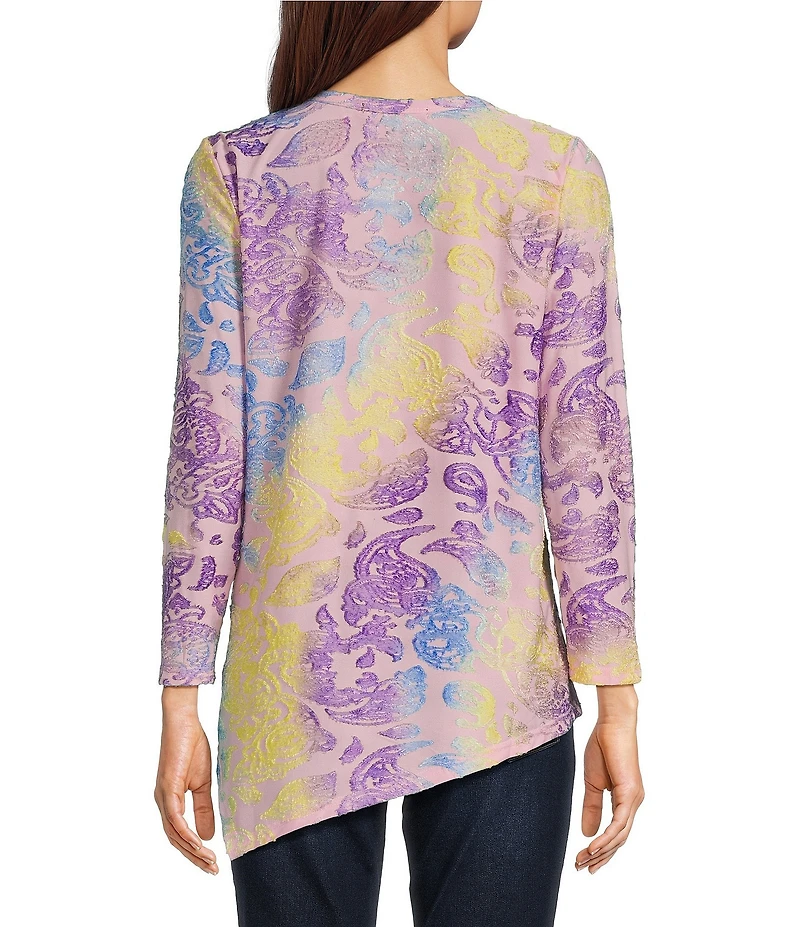 Calessa Petite Size Burnout Tie-Dye Crew Neck 3/4 Sleeve Asymmetrical Hem Tunic