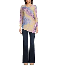 Calessa Petite Size Burnout Tie-Dye Crew Neck 3/4 Sleeve Asymmetrical Hem Tunic