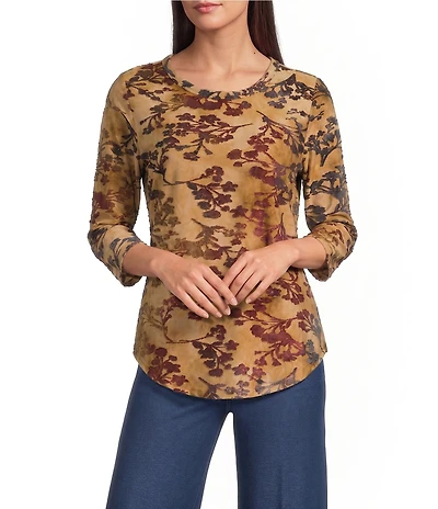 Calessa Petite Size Burnout Tie-Dye Crew Neck 3/4 Sleeve Top