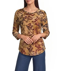 Calessa Petite Size Burnout Tie-Dye Crew Neck 3/4 Sleeve Top