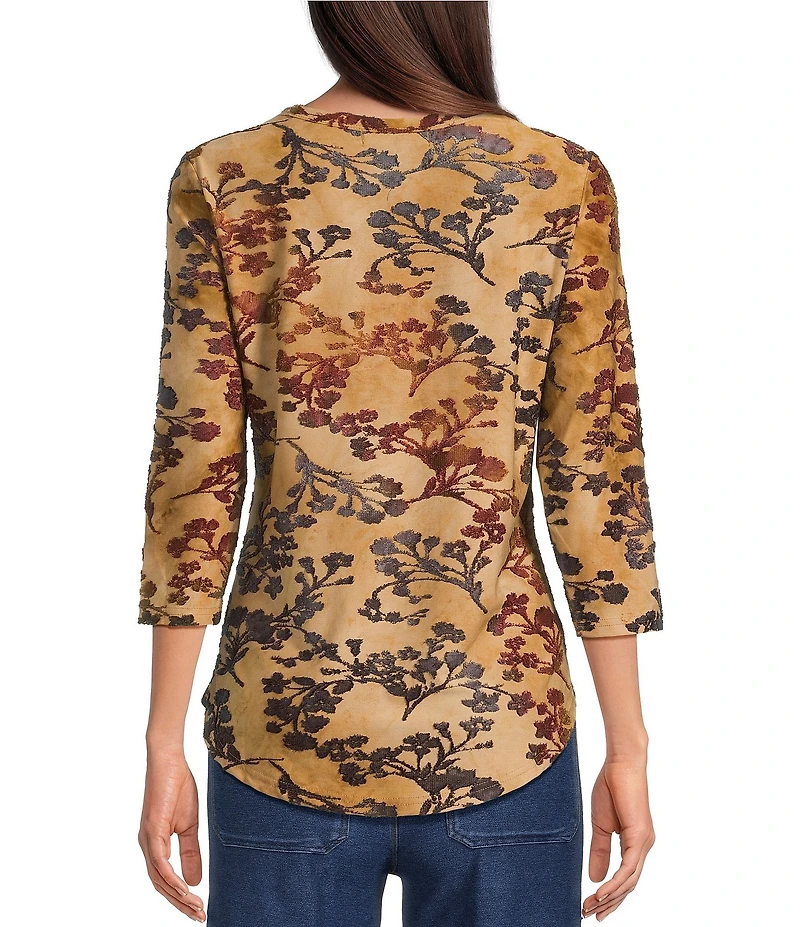 Calessa Petite Size Burnout Tie-Dye Crew Neck 3/4 Sleeve Top