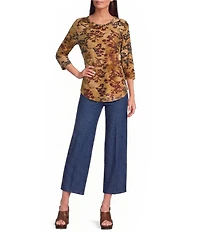 Calessa Petite Size Burnout Tie-Dye Crew Neck 3/4 Sleeve Top