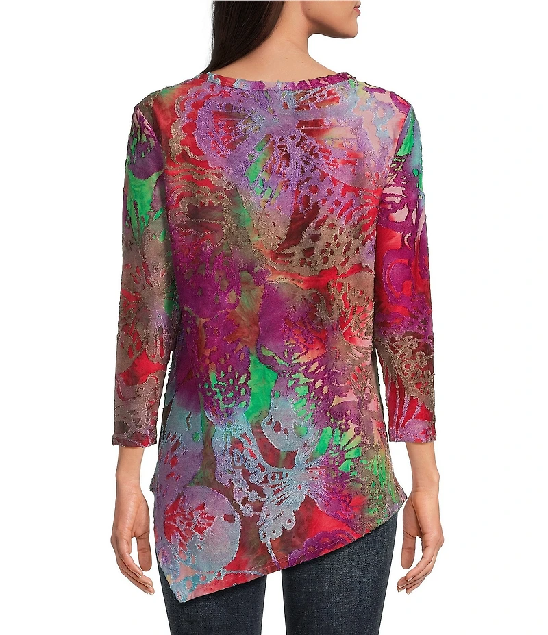 Calessa Petite Size Burnout Tie-Dye Crew Neck Bracelet Sleeve Asymmetric Hem Tunic