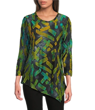 Calessa Petite Size Burnout Tie-Dye Crew Neck Long Sleeve Asymmetric Tunic