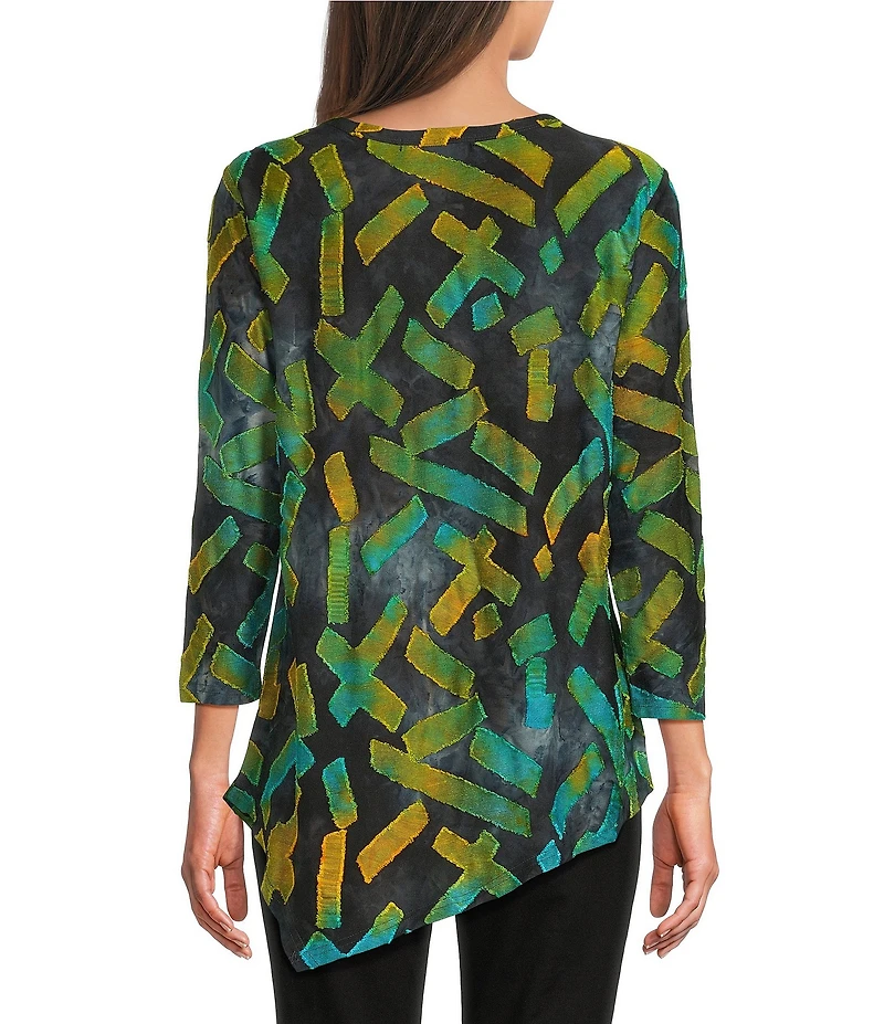 Calessa Petite Size Burnout Tie-Dye Crew Neck Long Sleeve Asymmetric Tunic