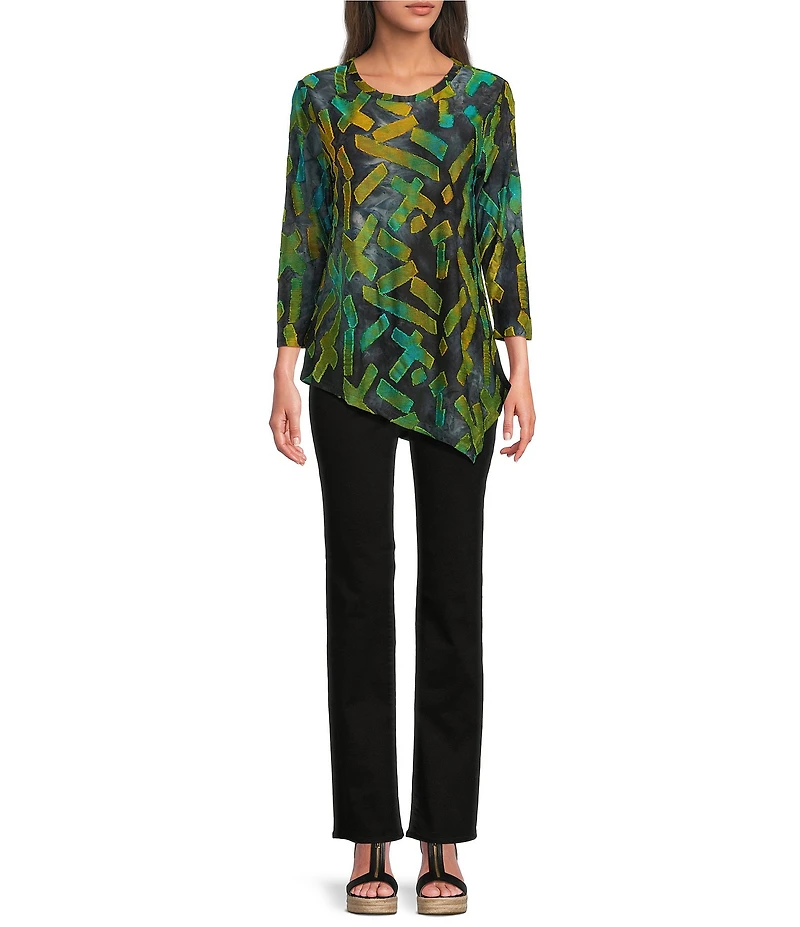 Calessa Petite Size Burnout Tie-Dye Crew Neck Long Sleeve Asymmetric Tunic