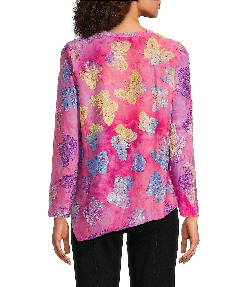 Calessa Petite Size Burnout Tie-Dye Crew Neck Long Sleeve Asymmetrical Hem Tunic