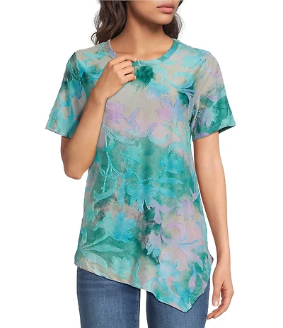 Calessa Petite Size Burnout Tie-Dye Crew Neck Short Sleeve Asymmetric Tunic