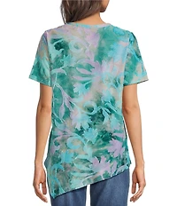 Calessa Petite Size Burnout Tie-Dye Crew Neck Short Sleeve Asymmetric Tunic