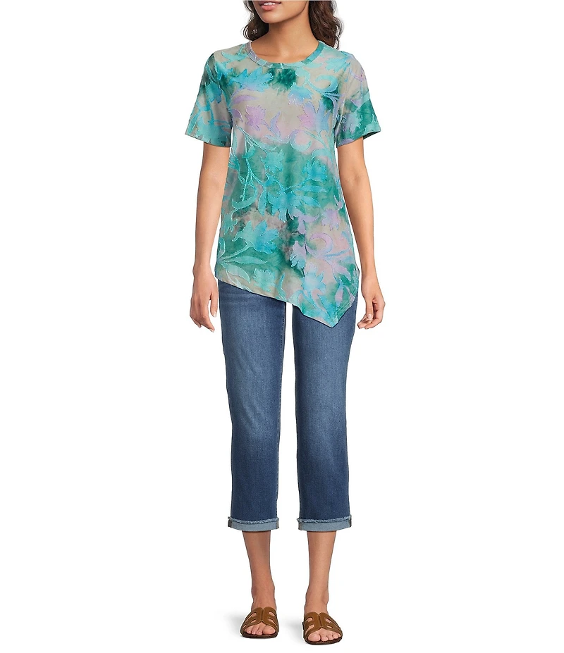 Calessa Petite Size Burnout Tie-Dye Crew Neck Short Sleeve Asymmetric Tunic