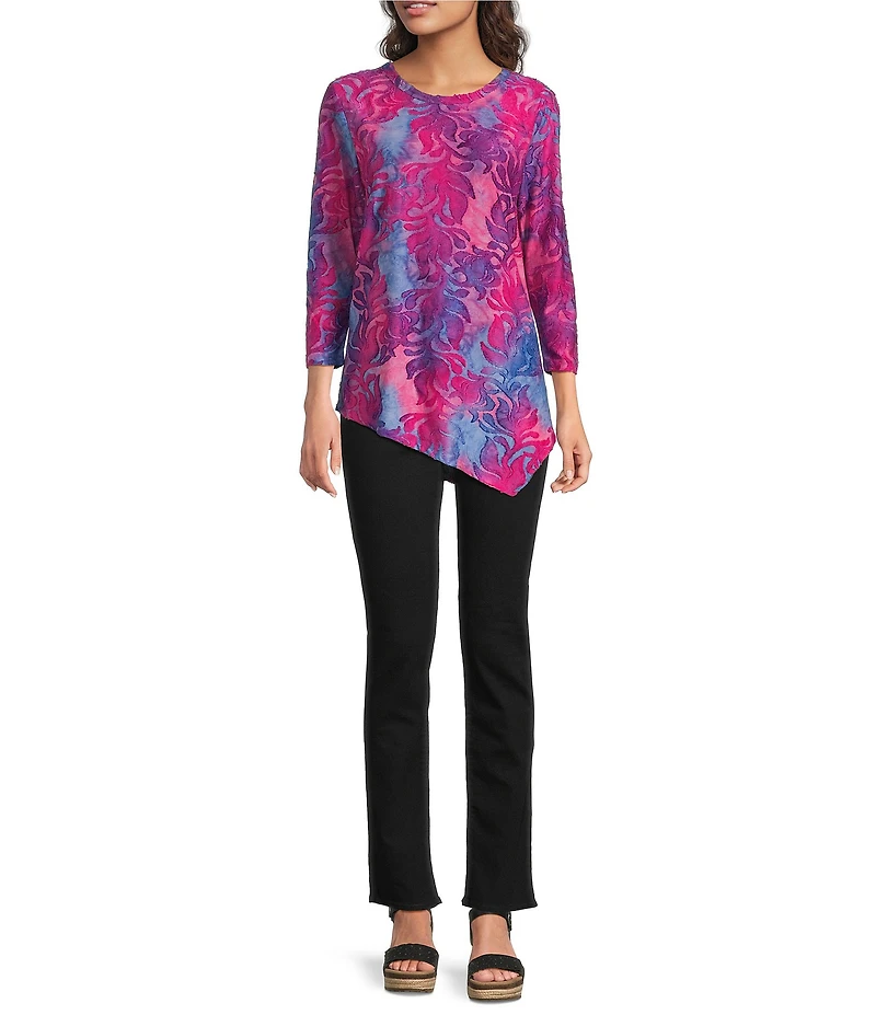 Calessa Petite Size Burnout Tie-Dye Round Neck 3/4 Sleeve Tunic