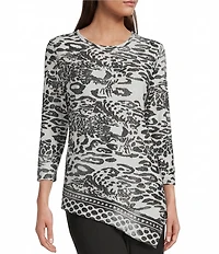 Calessa Petite Size Burnout Tie-Dye Round Neck 3/4 Sleeve Tunic